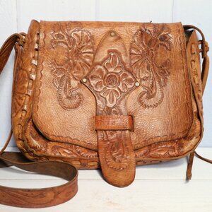 Vintage 1970s Tooled Leather Crossbody Purse Bag Boho Western Style